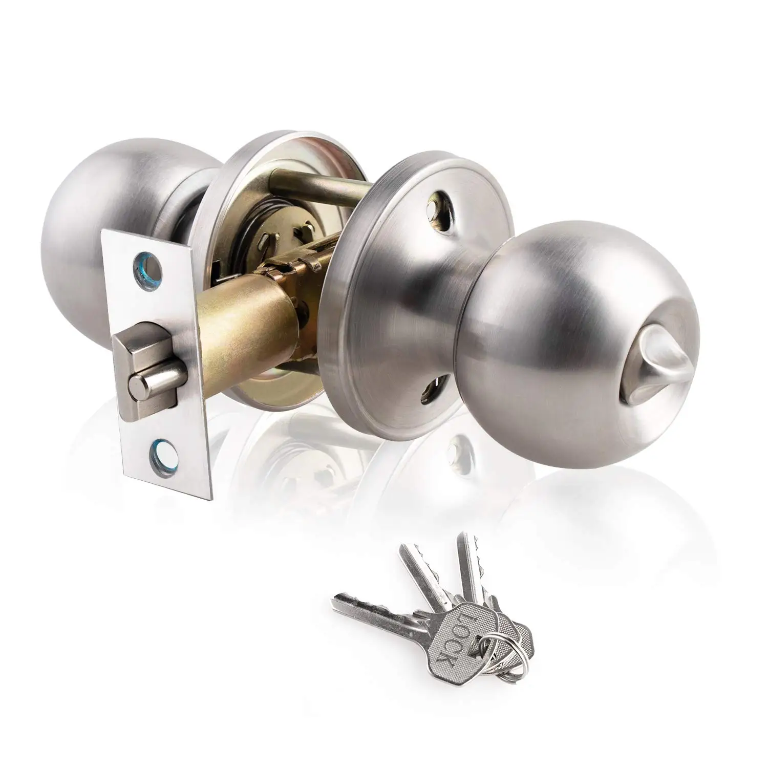 Door Knob Replacement - 鍵付きエントリードアノブ ロック付き丸型ドアノブ ステンレス鋼製の内側および外側のドアロック 寝室、バスルーム用