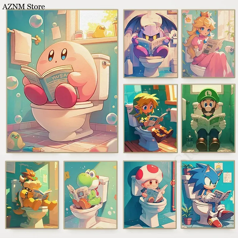 Home Improvement Game - 面白いバスルーム漫画ビデオゲームポスターかわいいアニメーションキャラクタートイレキャンバス絵画壁アートシャワールーム子供の家の装飾